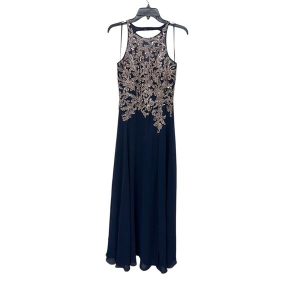 NWOT FLAW BETSY & ADAM | NAVY ROSE BEADED EMBROIDERY CHIFFON GOWN FORMAL 2 - Picture 5 of 12